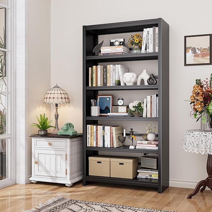 Bookshelf, Tall Bookcase for Books, CDs, Movies, Garage Kit, 5 Tier Book Shelf, Modern Display Shelf for Library Home Office Bderoom Living Room, Metal Bookshelves Industrial Black