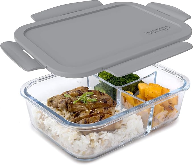 Bentgo Glass Lunch Box - Leak-Proof Bento-Style Food Container with Airtight Lid and Divided 3-Compartment Design - 5 Cup Capacity for Meal Prepping, and Portion-Controlled Meals for Adults (Gray)