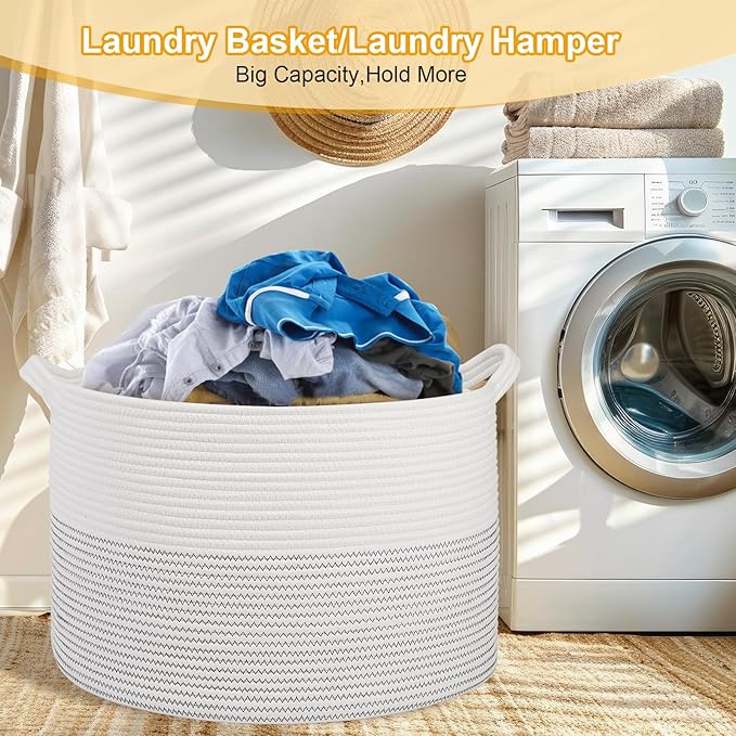 Large Girl Laundry Basket,20''x13''Woven Cotton Rope Laundry Hamper,Baby Blanket Basket for Living Room;Toy storage;Woven basket;Nursery Hamper,Storage Bin,Home Room Decor (White)
