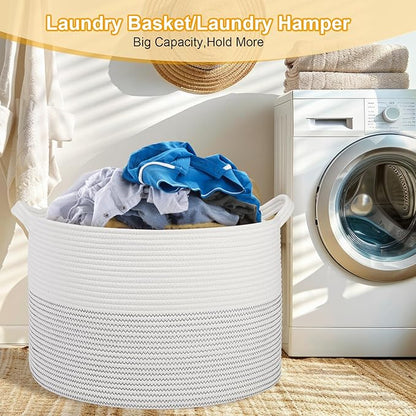 Large Girl Laundry Basket,20''x13''Woven Cotton Rope Laundry Hamper,Baby Blanket Basket for Living Room;Toy storage;Woven basket;Nursery Hamper,Storage Bin,Home Room Decor (White)