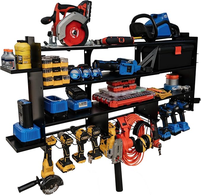Power Tool Organizer Wall Mount, With Attachable Shelves - Large Garage Storage System, Heavy Duty 4-Tier Rack Holds 12 Drills – Screw Holder Accessories, Utility Shelf for Workshop Organization