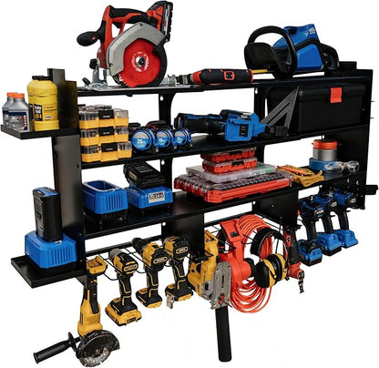 Power Tool Organizer Wall Mount, With Attachable Shelves - Large Garage Storage System, Heavy Duty 4-Tier Rack Holds 12 Drills – Screw Holder Accessories, Utility Shelf for Workshop Organization