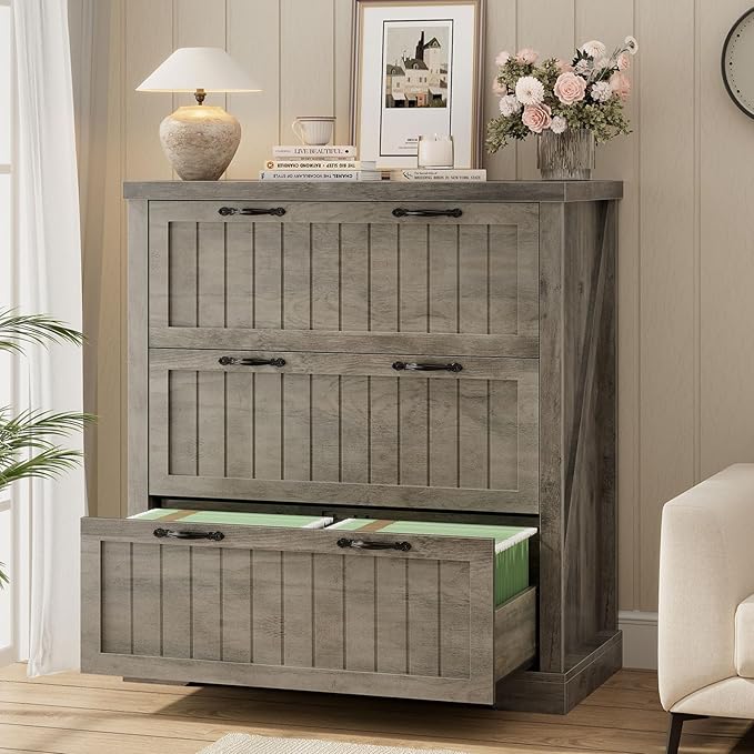 SEDETA 3 Drawer File Cabinet, Farmhouse Filing Cabinet for Home Office, Wood Office File Cabinets for Letter/Legal/A4 Size, Lateral File Cabinets with Printer Stand for Study Room, Living Room (Grey)