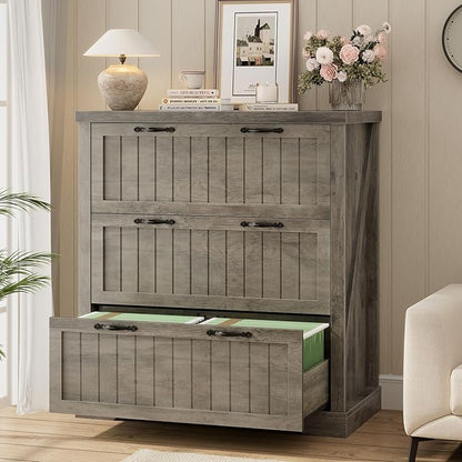 SEDETA 3 Drawer File Cabinet, Farmhouse Filing Cabinet for Home Office, Wood Office File Cabinets for Letter/Legal/A4 Size, Lateral File Cabinets with Printer Stand for Study Room, Living Room (Grey)