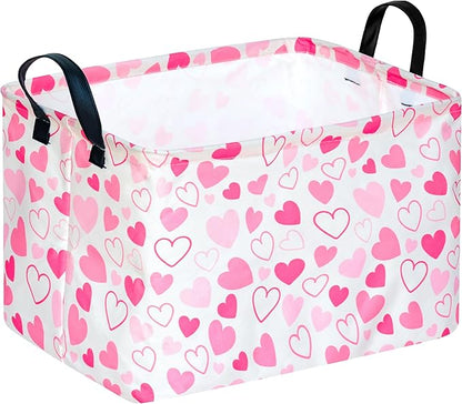 Girls Gift Basket Heart Print Storage Cube for Women, Closet Shelf Organizer Bins Empty Gift Basket with Handles Nursery hamper Kids Toys Books Box Room Deco