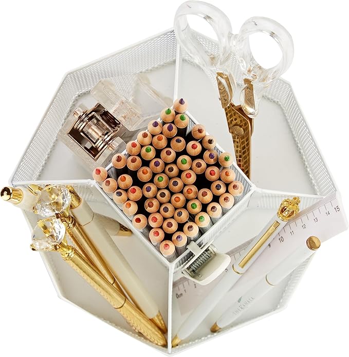 Annova Mesh Desk Organizer Rotate with 5 Compartments Spinning Tidy Candy/Pen Holder Office, Art Supply, Storage, Classroom, Home (White)