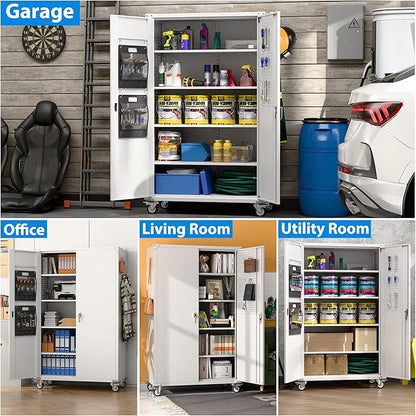 SUXXAN 2025 Upgraded Wide & Deep Garage Storage Cabinet with Wheels, Lockable Metal Storage Cabinet with Pegboards and 9 Hooks, 2 Tool Pouches for Garage,4 Adjustable Shelves