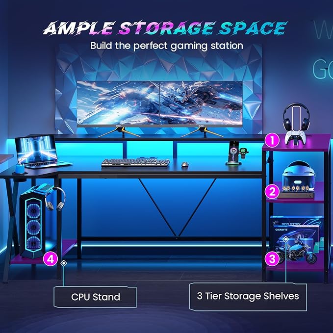SEDETA Gaming Desk 70.8'' with LED Lights and Storage Shelves, Computer Desk with Monitor Stand, Power Outlets and Cup Holder, Large PC Gamer Desk, Gaming Table for Bedroom, Living Room, Black