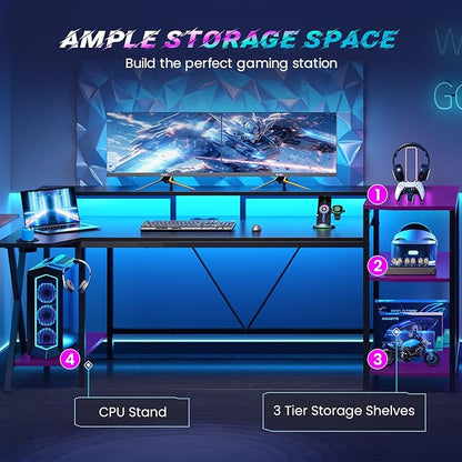 SEDETA Gaming Desk 70.8'' with LED Lights and Storage Shelves, Computer Desk with Monitor Stand, Power Outlets and Cup Holder, Large PC Gamer Desk, Gaming Table for Bedroom, Living Room, Black
