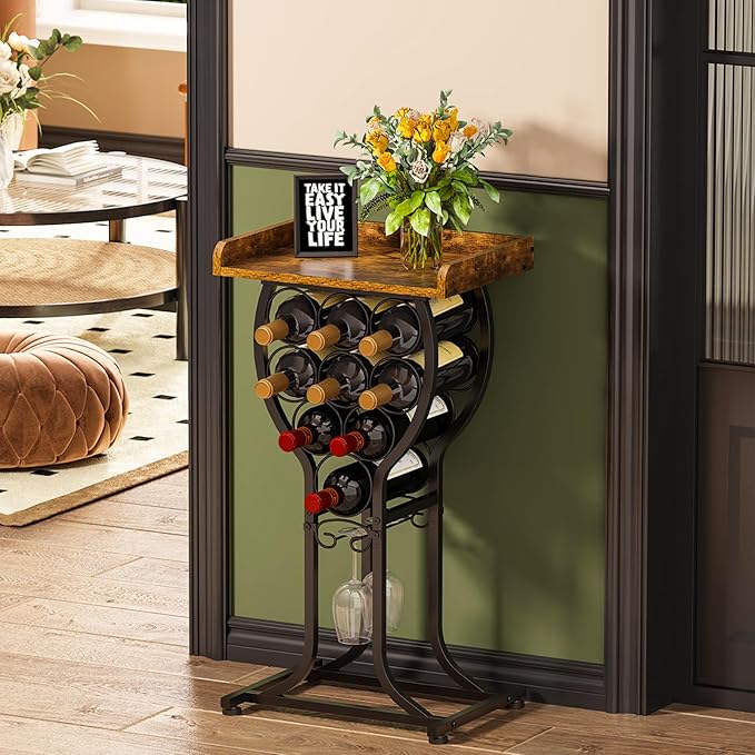 X-cosrack Wine Rack Freestanding Floor, Mini Wine Storage Rack, Desktop Wine Bottle Display Stand with Wine Glass Holder, Mini Bar Table with Tabletop for Home Bar Kitchen Living Room