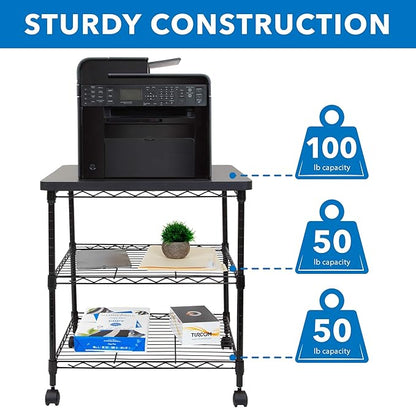 Mount-It! Printer Stand With Wheels | 3-Tier Large Printer Cart With Storage Shelves For 3D & Laser Printer, Scanner, Heat Press | Rolling Metal Utility Table For Home and Office Use, 200 Lbs Capacity