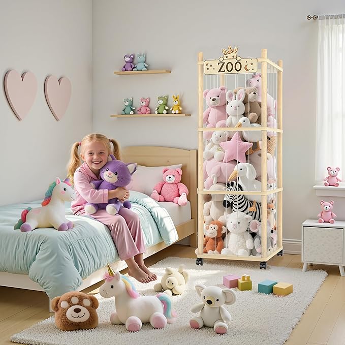 Stuffed Animal Storage Zoo Tower,56In Wooden Large Stuffed Animal Holder Organizer with Wheels,Stuffy Plushies Storage with Elastic Band&Mesh Bottom,Toy Storage Organizers for Playroom Bedroom Nursery
