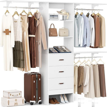 Closet System with 3 Drawers - 8FT Wood Closet Organizer with 3 Shelving Tower & Hanging Rods, 96" Walk-in Wardrobe Closet Organizer System for 4-8FT Spaces, Heavy Duty Garment Clothes Rack, White