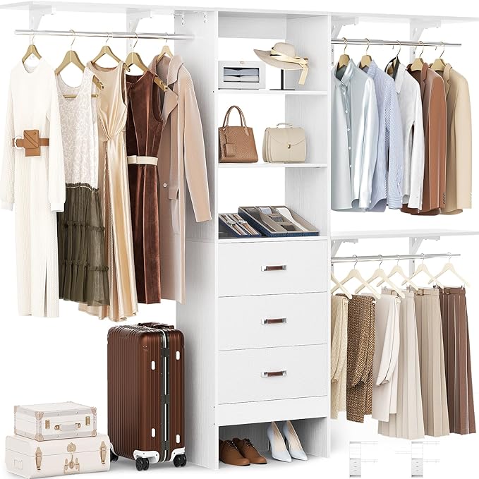 Closet System with Drawer - 8FT Wood Closet Organizer System with 3 Hanging Rods and Shelving Tower, 96" Walk In Closet Organizer Wardrobe, White