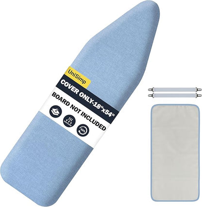 Ironing Board Cover and Pad 18"x54" Extra Thick Natural Cotton, Scorch and Stain Resistant Iron Board Cover, Extra Large Iron Board Cover with Fasteners Heavy Duty Heatproof Elastic Edge Blue