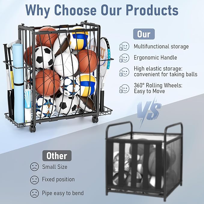 Sports Equipment Garage Organizer,Garage Ball Storage Rack for Sports with Wheels-Upgraded Sports Organizer Rack Outdoor Basketball Racks for Balls with Holder and Hooks (Deep Black)
