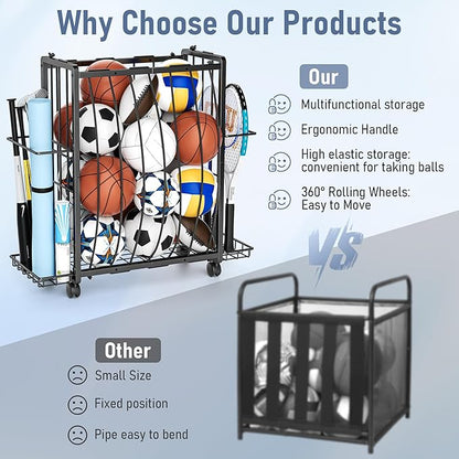 Sports Equipment Garage Organizer,Garage Ball Storage Rack for Sports with Wheels-Upgraded Sports Organizer Rack Outdoor Basketball Racks for Balls with Holder and Hooks (Deep Black)