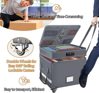DocSafe Fireproof Document Box with Lock,2-Layer File Box with Wheels,Collapsible File Storage Organizer with Pockets,Large Portable Office Filing Cabinet for Hanging Folders,Gray,16''x13.8''x12.2''