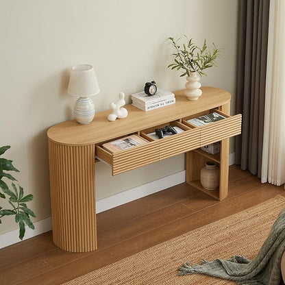 Retro Console Table with Storage, Rounded Console Table with 3 Drawers and 1 Table-Leg Niche, Round Slat Aesthetic for Entryway, Living Room, Hallway (Nature-X306)