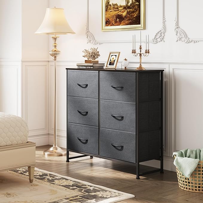 WLIVE Fabric Dresser for Bedroom, 6 Drawer Double Dresser, Cloth Dresser with Fabric Bins, Chest of Drawers for Closet, Living Room, Hallway, Dark Grey