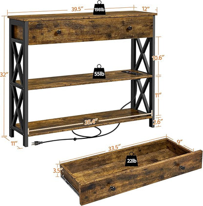 Yaheetech Console Table with 2 Outlets and 2 USB Ports, Industrial Entryway Table with Drawer and Storage Shelves, Narrow Sofa Tables with Metal Frame for Living Room, Hallway, Rustic Brown