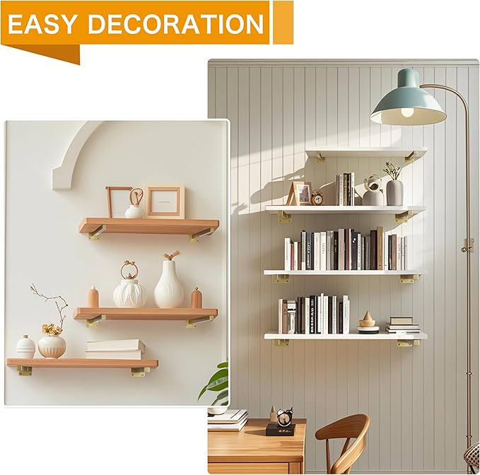 6 Pcs Gold Shelf Bracket 13 Inch Heavy Duty Brackets for Shelf Metal Wall Floating Shelving Brackets Industrial Shelf Brackets for Space Saving