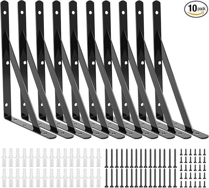 10 Pack L12 x H 8" Heavy Duty Shelf Brackets with Screws Open Floating Shelving Bracket L Brackets Black Metal Shelf Brackets for Shelves, Room, Pantry,Garage