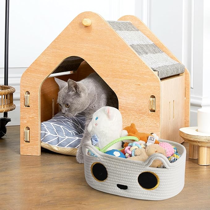 White Cat Toy Basket, Small Woven Cat Toy Storage Box with Cute Ears Handle Indoor, Cotton Rope Storage Bin with Embroidered Face for Home Decor, Pet Bed, Baby Nursery Kids Room Organization