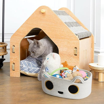White Cat Toy Basket, Small Woven Cat Toy Storage Box with Cute Ears Handle Indoor, Cotton Rope Storage Bin with Embroidered Face for Home Decor, Pet Bed, Baby Nursery Kids Room Organization