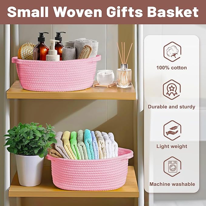 Small Woven Pink Gifts Basket for Storage Empty with Ribbons and Bags Durable Cute Gifts 12"X 8" X 5" Small Rope Basket for Gifting