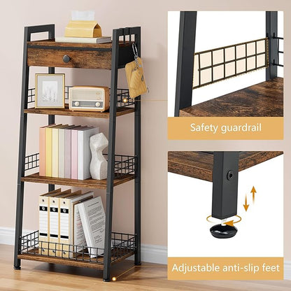 4-Tier Ladder Shelf with Drawer, Bathroom Table Stand for Small Space, Bathroom Standing Shelves with Storage for Living Room Bedroom Kitchen, Organizer Shelf, Rustic Brown