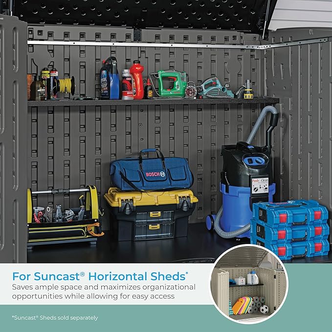 Suncast Horizontal or XL Vertical Shed Shelf Kit, Space Saving Shelving for Wall Mount Outdoor Storage Structures, 50" W x 10.25" D x 1.25" H, Black