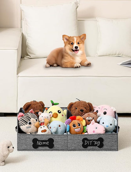 Qozary Large Dog Toy Basket with Diy Tag - Collapsible Dog Toy Bin, Fabric Personalized Storage Box, Trapezoid Storage and Organizer for Pet Supplies (Gray, Medium 27.6"x11.8")