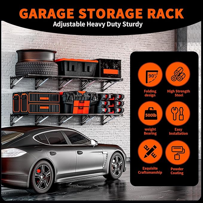 Heavy Duty Foldable Garage Storage Shelves Wall Mounted Metal Rack Unit Organizer with Removable Edge Barriers, Adjustable System for Corner Wall Use, 69.96 Inch Long 24.45 Inch Large