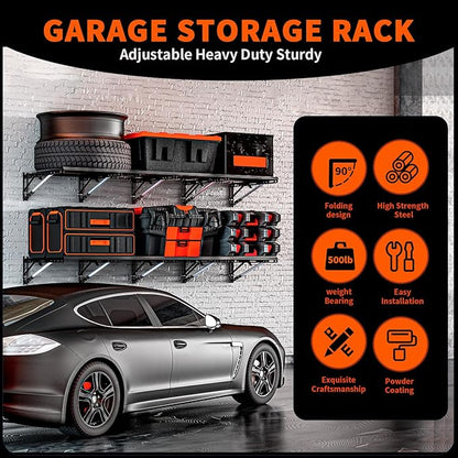 Heavy Duty Foldable Garage Storage Shelves Wall Mounted Metal Rack Unit Organizer with Removable Edge Barriers, Adjustable System for Corner Wall Use, 69.96 Inch Long 24.45 Inch Large