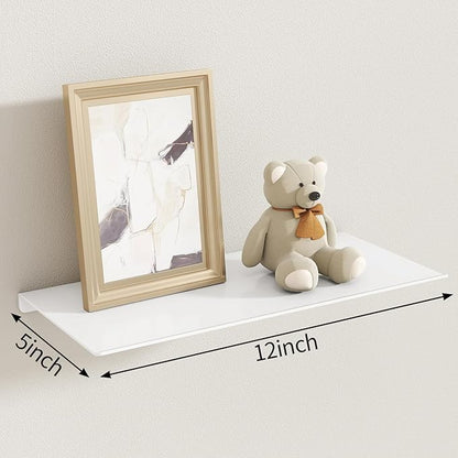 MKO 12" Floating Shelves for Wall, Small Metal Wall Mounted Shelf for Bathroom, Bedroom, Living Room, Kitchen, Little Hanging Shelves for Books/Storage/Room Decor 2 Packs, White
