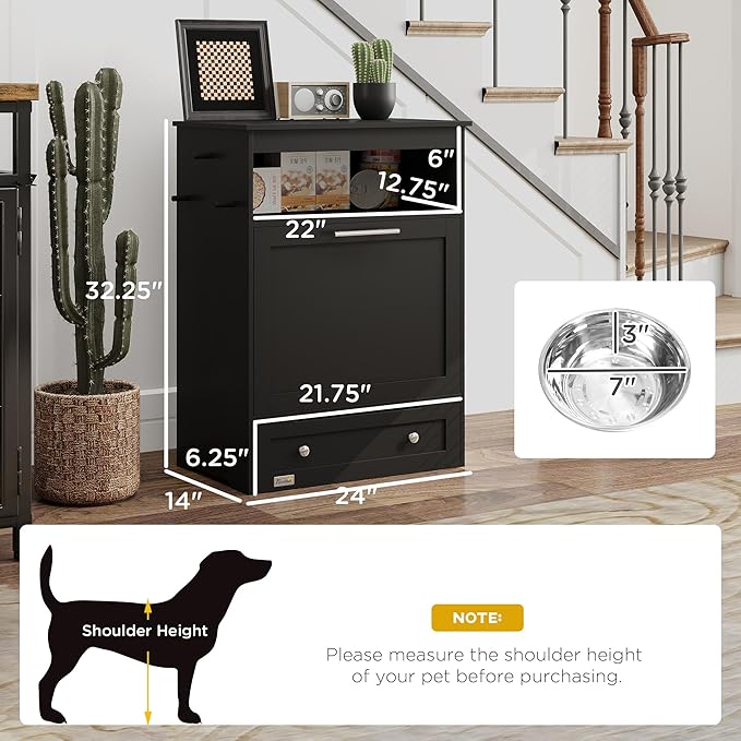 PawHut Dog Feeding Station with Raised Bowls & Storage Cabinet, Pet Feeder Cabinet Container with Hanger for Feeding & Watering Supplies, Dog Food Organizer, Black
