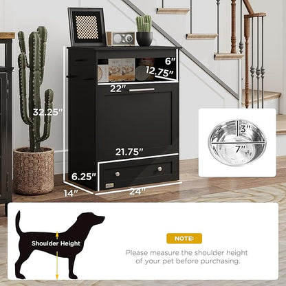 PawHut Dog Feeding Station with Raised Bowls & Storage Cabinet, Pet Feeder Cabinet Container with Hanger for Feeding & Watering Supplies, Dog Food Organizer, Black