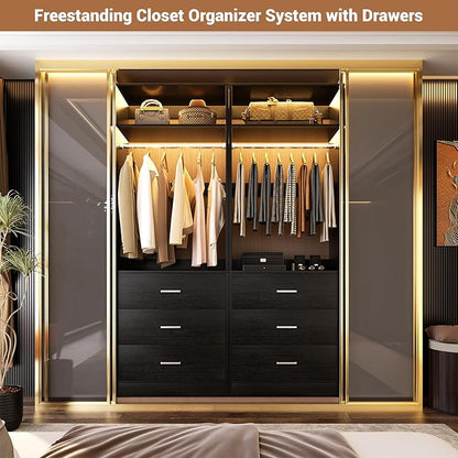 Freestanding 2FT Closet System with 3 Wood Drawers, 24" Closet Organizer System with Hanging Rod & Shelves, Walk-in Closet Systems for Small Closets, Black (24"L x 15" W x 80" H)