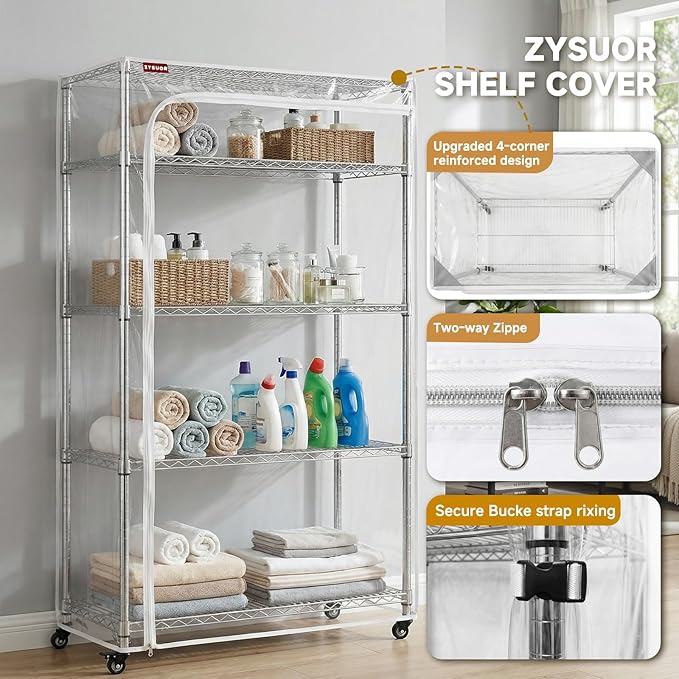 Clear PVC Shelf Cover, 36" W x 14" D x 54" H, 3-Way Opening Rack Cover with Two-Way Zippers, See-Through Waterproof Shelving Enclosure for Laundry Room, Kitchen & Garage
