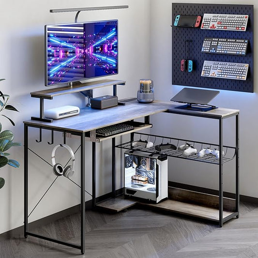 Computer Desk, L Shaped Gaming Desk with Monitor Stand & Storage Shelf & LED Light & USB Power Outlet, Reversible Shelves Corner Table with Keyboard Tray for Gaming, Home Office, Study