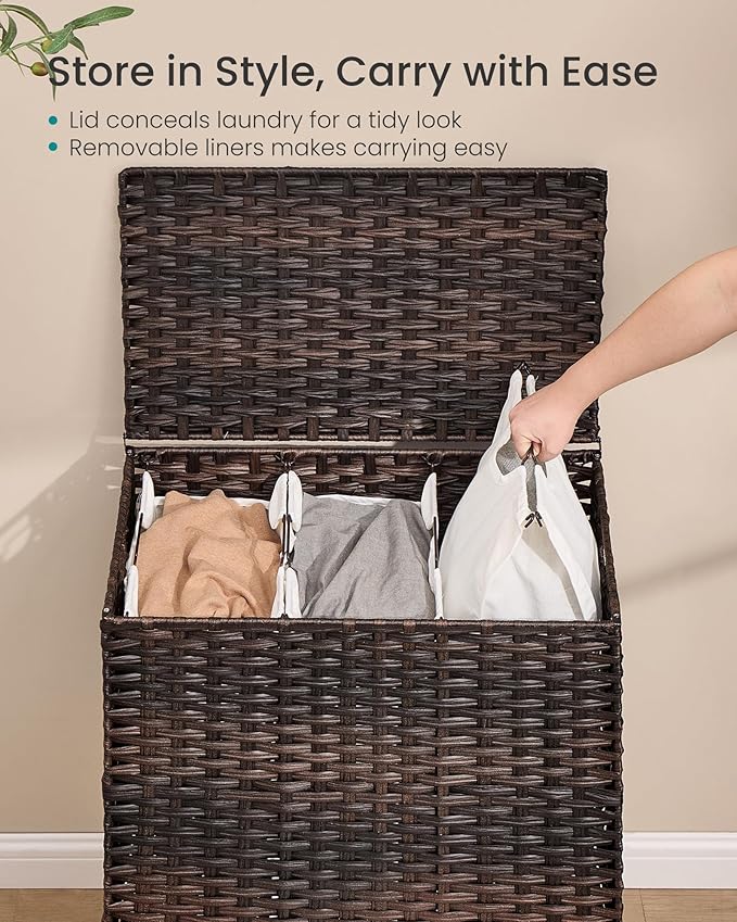SONGMICS 3-Section Laundry Hamper with Lid, 42.2 Gal (160L) PE Rattan Laundry Basket with Removable Washable Liners, for Bedroom & Living Room, Chestnut Brown ULCB223ME01