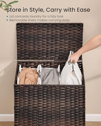 SONGMICS 3-Section Laundry Hamper with Lid, 42.2 Gal (160L) PE Rattan Laundry Basket with Removable Washable Liners, for Bedroom & Living Room, Chestnut Brown ULCB223ME01
