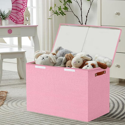 Large Toy Storage Box with Lids, Collapsible Sturdy Baby Storage Organizer Chest Bin Basket for Kids, Boys, Girls, Playroom, Nursery, Bedroom, Closet 25"x13"x16" (Pink)