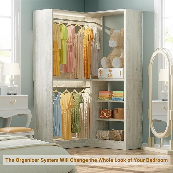 Unikito 36 Inch Corner Closet System, Large Freestanding Closet Organizer System with 2 Hanging Rods and Storage Shelves, Sturdy Walk in Tower, 36" W x 36" D x 80" H, White Oak