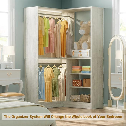 Unikito 36 Inch Corner Closet System, Large Freestanding Closet Organizer System with 2 Hanging Rods and Storage Shelves, Sturdy Walk in Tower, 36" W x 36" D x 80" H, White Oak