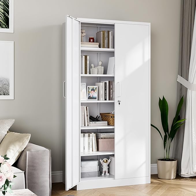 Metal Garage Storage Cabinet, 71-inch Tool Storage Cabinet with Adjustable Shelves & Locking Doors for Garage,Office,Home,School,Gym Storage (White)