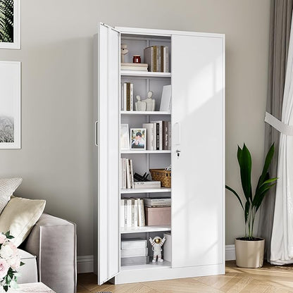 Metal Garage Storage Cabinet, 71-inch Tool Storage Cabinet with Adjustable Shelves & Locking Doors for Garage,Office,Home,School,Gym Storage (White)