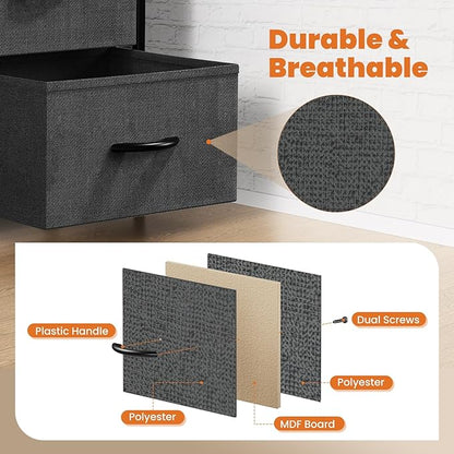 DUMOS Dresser for Bedroom 4 Drawers, Tall Fabric Closet Chests Organizer Tower Furniture with Wooden Top Metal Frame for Living Room, Closet, Grey