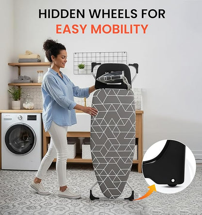 Xabitat Extra Wide Ironing Board 60" X 20" with Wheels & Wall Mount Hanger | Full Metal Iron Board | Built in Iron Caddy | Heat & Scorch Resistant Cover| Heavy Duty | Wide Leg